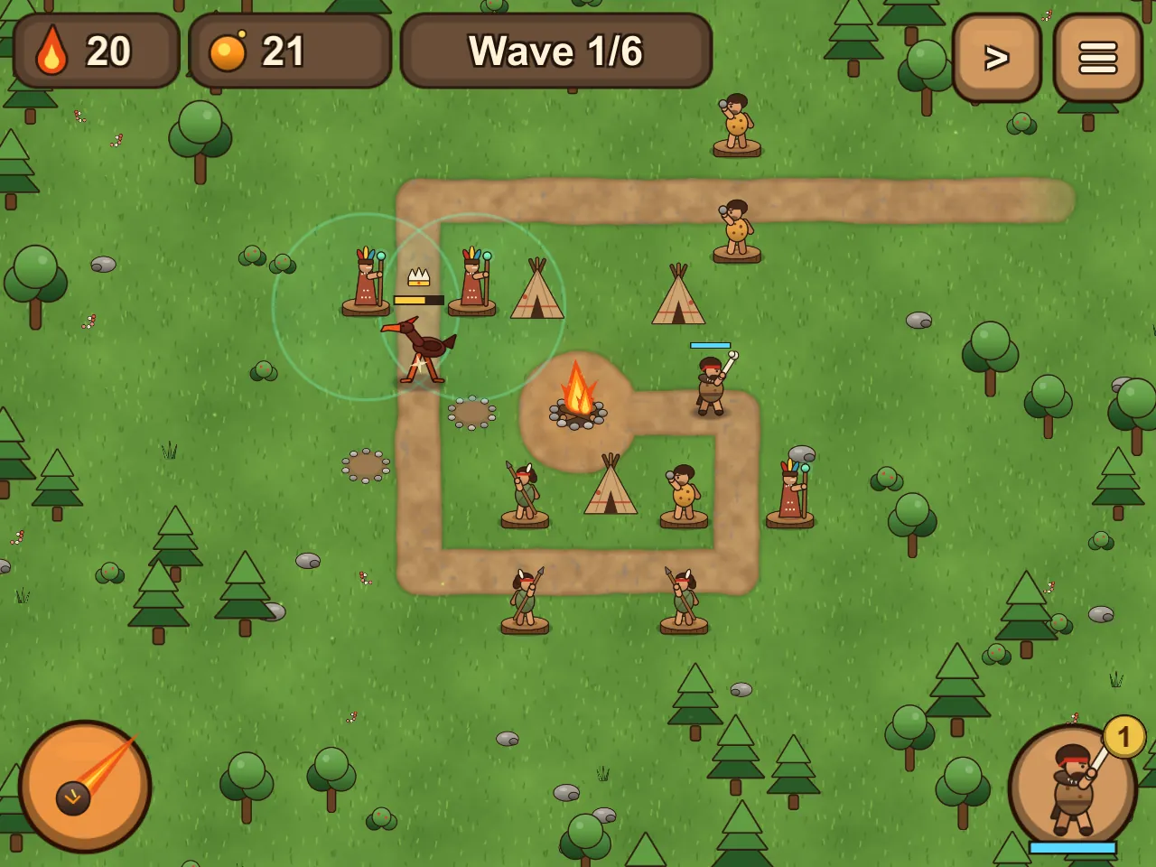 Sacred Fire gameplay: tribe towers guard a dirt path around the sacred campfire in a forest, with the wave counter and meteor button on screen.